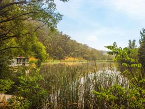 - une vue sur un lac avec une maison en arrière-plan dans l'établissement Quiet Lake House In Winery, à Flowerdale