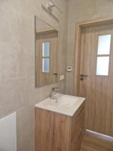 een badkamer met een witte wastafel en een spiegel bij Blue Studio in Krakau