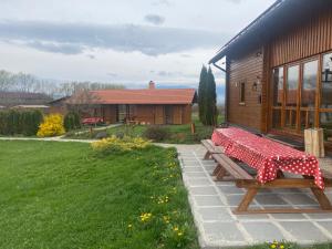 a picnic table with a red and white checkered table cloth at Nimfa Apartments in Păuleni-Ciuc