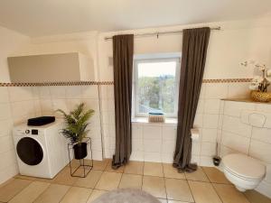 a bathroom with a toilet and a window at Lot54 Deluxe Apartements in Neidenbach