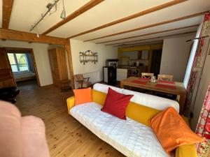 a living room with a white couch with colorful pillows at Morgensonne in Franken Vorstadt