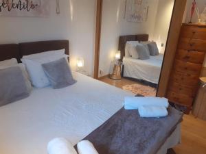 um quarto com 2 camas e um espelho grande em Appartement La Suite Mont-Blanc em Chamonix-Mont-Blanc