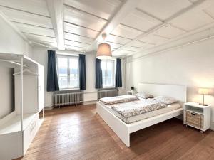 1 dormitorio blanco con 1 cama y 2 ventanas en Business Apartemtents Oberbipp ZIMMERzuVERMIETEN en Oberbipp