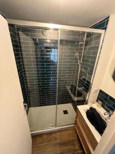 トゥルヴィル・シュル・メールにあるJoli appartement central et cosyのシャワーと洗面台付きのバスルーム