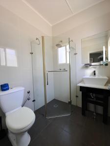 a bathroom with a toilet and a shower and a sink at Altair Motel in Cooma