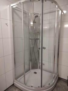 a shower with a glass door in a bathroom at Russelv panorama in Russelv +17 photos
