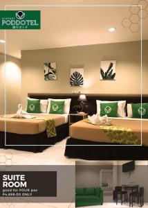two beds in a room with green and white pillows at Airport Poddotel Inc. in Manila