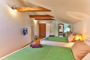a bedroom with a bed and a green rug at Iguana House in Stari Bar