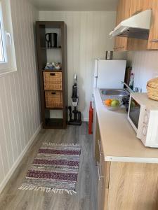 a kitchen with a counter and a sink and a microwave at Tiny house Lund in Lund