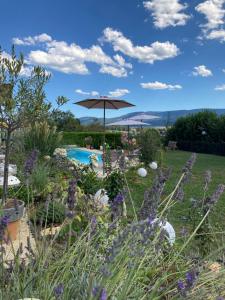 波朗特吕Escale sur la Côte的一个带游泳池和遮阳伞的花园