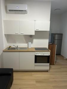 a kitchen with white cabinets and a sink and a stove at Bodensee Apartments in Friedrichshafen