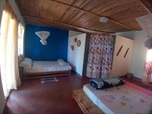 Zimmer mit 2 Betten und blauer Wand in der Unterkunft Ecolodge d'Isalo in Ranohira
