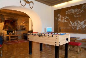 a room with a pool table in front of a wall at Hotel Alpina Regina in Biberwier