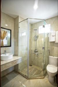 Le Centre Pleiku Hotel في بلاي كو: حمام مع دش ومرحاض ومغسلة