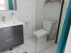 een badkamer met een toilet, een wastafel en een douche bij super appartment in tetouan in Martil
