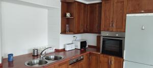 Una cocina con armarios de madera, fregadero y microondas. en PISO CON TERRAZA, en Ribadeo