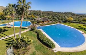 an overhead view of a large swimming pool with palm trees at Parque Botanico Benahavis in Estepona