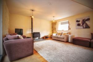 a living room with two couches and a fireplace at Y Boidy Bach Llangrannog in Llangranog