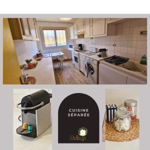 a collage of a kitchen with a picture of a kitchen with a cupping at "CHEZ AURELIE" T5 100m2 4ch 2sdb parking terrasse TALENCE in Talence