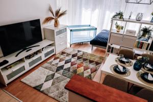 ein Wohnzimmer mit einem Flachbild-TV und einem Sofa in der Unterkunft Cosy apartment Zugló next to Puskás Aréna in Budapest