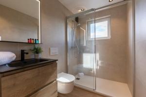 a bathroom with a shower and a toilet and a sink at Cosy apartment with vintage interior in De Haan