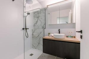 een badkamer met wastafel en douche bij Huswell - Cosy apartment with terrace overlooking the sea in Middelkerke
