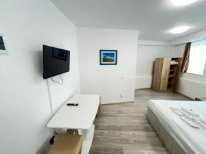 a room with a bed and a desk and a tv at Boutique Hotel Elena Doamna in Iaşi