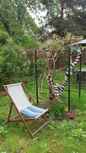 einen Stuhl im Gras neben einem Baum in der Unterkunft Willa Retro Hostel in Krakau