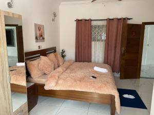 a bedroom with two beds and a mirror at JLK Guest House & Events Centre in Koforidua