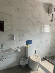 La salle de bains est pourvue de toilettes et d'un lavabo. dans l'établissement JLK Guest House & Events Centre, à Koforidua