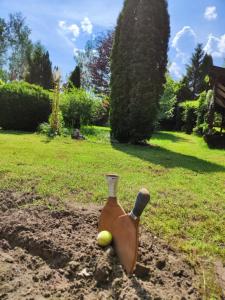 a bottle with a tennis ball in the dirt at Luxury Resort Riverfront with Pool&Sports in Višegrad