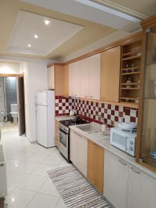 uma cozinha com electrodomésticos brancos e armários castanhos em ALEX HOUSE em Kavala