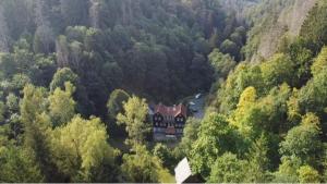 an aerial view of a house in the middle of a forest at Waldhaus Wolfsbachmühle in Hohegeiß +7 photos