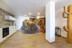 a kitchen with a large rock mural on the wall at AlmeriaSuite Roca 2 Mojacar in Mojácar