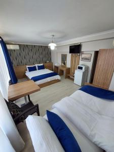 a hotel room with two beds and a television at Aslan Home Apart in Istanbul