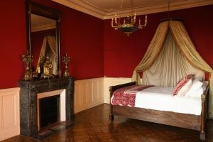 a bedroom with a bed with a fireplace and a mirror at Château Rieucazé in Rieucazé