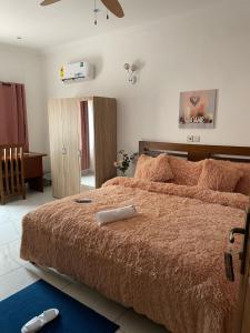 ein Schlafzimmer mit einem Bett und einem Laptop darauf in der Unterkunft JLK Guest House & Events Centre in Koforidua