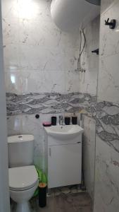 uma casa de banho com um WC branco e um lavatório. em Къща за гости Ани em Černomorec