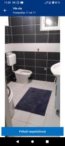 a bathroom with a toilet and a blue rug at Vila City in Bijeljina