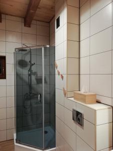 W łazience znajduje się prysznic ze szklanymi drzwiami. w obiekcie Chata gościom rada w mieście Ustrzyki Dolne