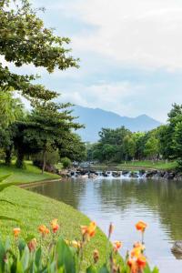 rzeka z wodospadem w parku z kwiatami w obiekcie Resort Xanh Villa 5 Stars w mieście Nam Giao