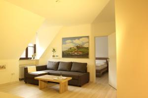 ein Wohnzimmer mit einem Sofa und einem Tisch in der Unterkunft Ferienwohnung 1 ANNA IFF in Würzburg