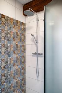 a shower with a glass door in a bathroom at Kníže Ferdinand Apartments in Mikulov