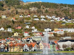 a town with a fountain in the middle of a city at 7 Soverom i hjertet av Bergen in Bergen