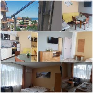 uma colagem de quatro fotografias de um quarto em Къща за гости Ани em Černomorec
