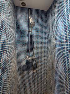 ル・トレポールにあるMaison Côté Merの青いタイル張りの壁のバスルーム(シャワー付)