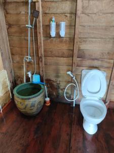 a bathroom with a toilet and a shower and a tub at Selambak Homestay in Tarempah