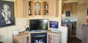 cocina con TV encima de una chimenea en J.R. Holiday Homes, en Clacton-on-Sea