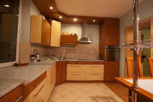 a large kitchen with wooden cabinets and a sink at Relax Vila se zahradním wellness in Ostrava +41 photos