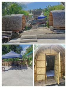 a collage of three pictures of a thatch hut at Bon Joy's Transient House in Mabini